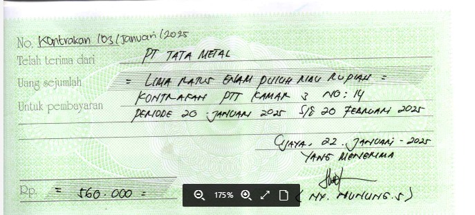 TML - Penyediaan Kontrakan Tukang Kamar 3 Oleh Bu Nunung Periode  20  Januari 2025 - 20 Februari 2025