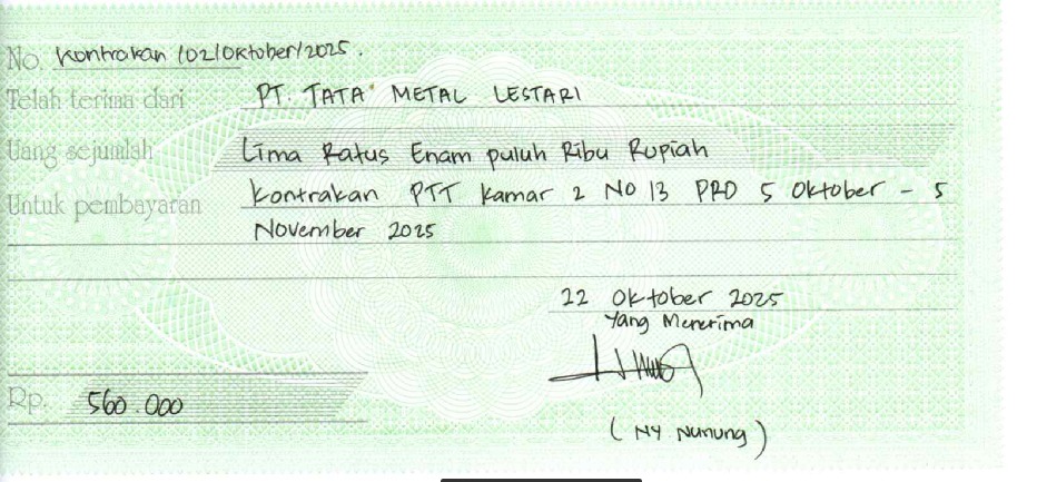 TML - Penyediaan Kontrakan Tukang Kamar 2 Oleh Bu Nunung Periode  5 Oktober - 5 November 2025