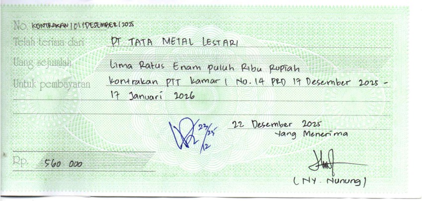 TML - Penyediaan Kontrakan Tukang Kamar 1 Oleh Bu Nunung Periode  17 Desember 25 - 17 Januari 26